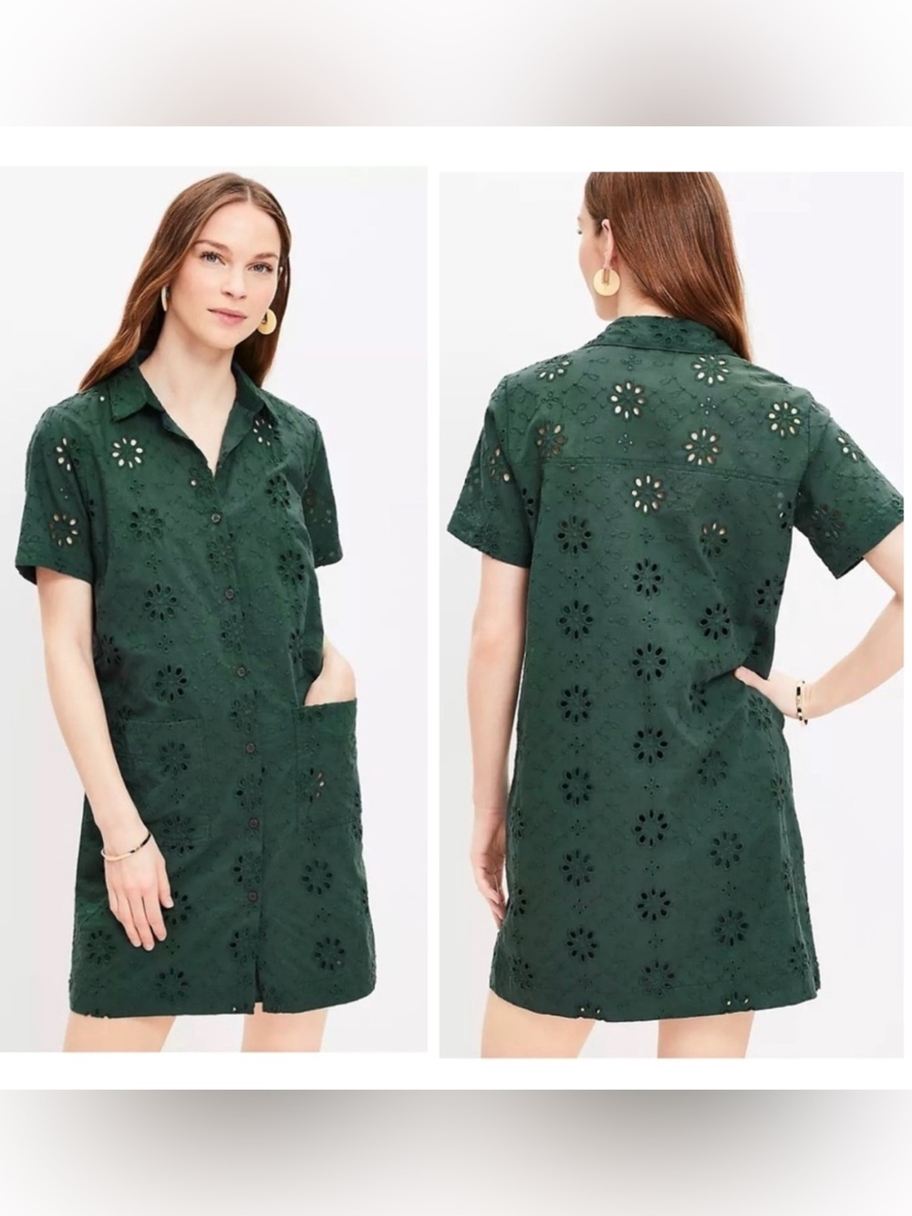 LOFT Eyelet Button Front Shirt Dress Green Size 6 NWT